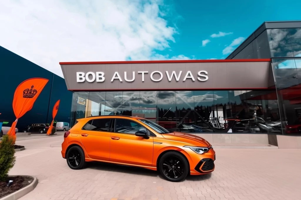 BOB Autowas, koningsdag. Oranje auto voor de vestiging.